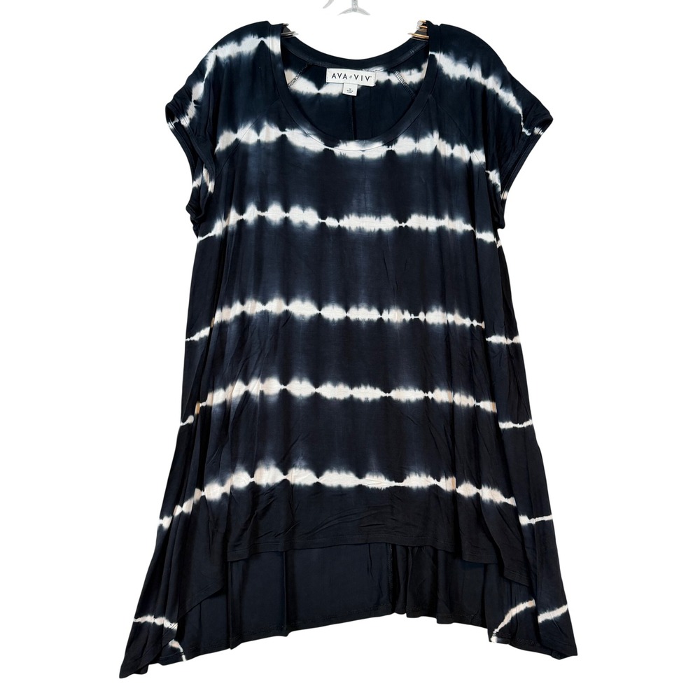 Ava & Viv Womens 1X Tie Dye Stripe Tunic Top Black White Sharkbite Hem Short Slv